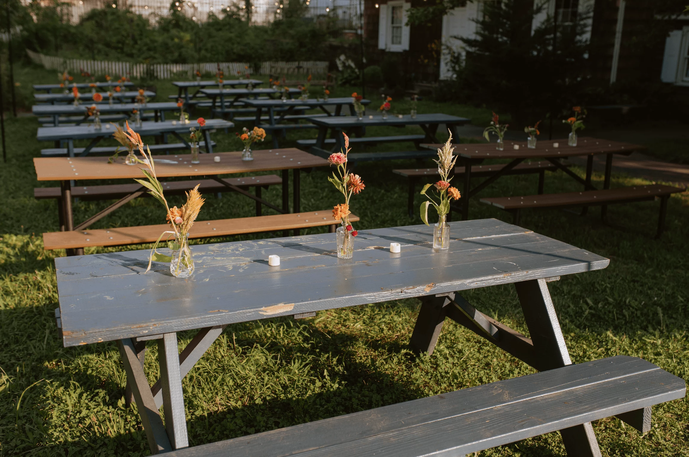 View of picnic tables for wedding reception